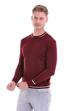 Bordo Regular Fit Çizgili Yün Bisiklet Yaka Triko Kazak | XXL