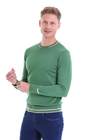 Yeşil Regular Fit Çizgili Yün Bisiklet Yaka Triko Kazak | XXL