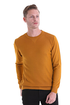 Kahverengi Regular Fit Çizgili Yün Bisiklet Yaka Triko Kazak | L