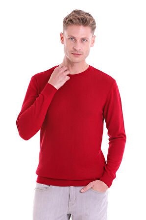 Kırmızı Regular Fit Çizgili Yün Bisiklet Yaka Triko Kazak | S