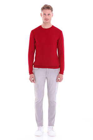 Kırmızı Regular Fit Çizgili Yün Bisiklet Yaka Triko Kazak | S