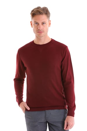 Bordo Regular Fit Çizgili Yün Bisiklet Yaka Triko Kazak | L