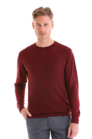 Bordo Regular Fit Çizgili Yün Bisiklet Yaka Triko Kazak | XL