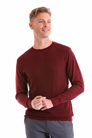 Bordo Regular Fit Çizgili Yün Bisiklet Yaka Triko Kazak | XL