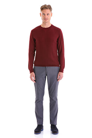 Bordo Regular Fit Çizgili Yün Bisiklet Yaka Triko Kazak | XL