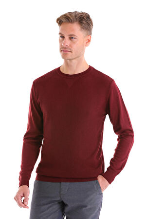 Bordo Regular Fit Çizgili Yün Bisiklet Yaka Triko Kazak | XXL