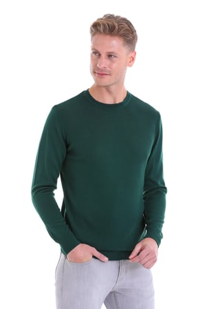 Koyu Yeşil Regular Fit Çizgili Yün Bisiklet Yaka Triko Kazak | S