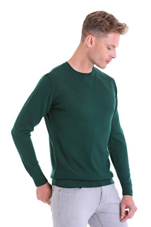 Koyu Yeşil Regular Fit Çizgili Yün Bisiklet Yaka Triko Kazak | XL