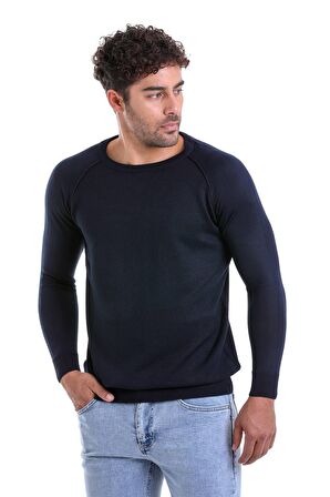 Erkek Lacivert Regular Fit Desenli V Yaka Yünlü Triko Kazak | L