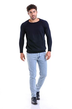 Erkek Lacivert Regular Fit Desenli V Yaka Yünlü Triko Kazak | L