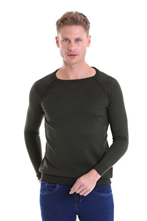 Haki Regular Fit Desenli V Yaka Yün Triko Kazak | XL