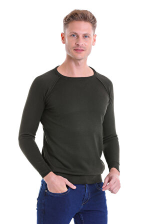 Haki Regular Fit Desenli V Yaka Yün Triko Kazak | XL