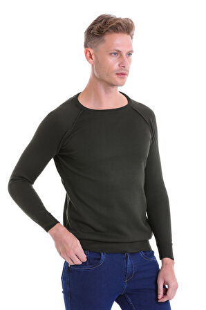 Haki Regular Fit Desenli V Yaka Yün Triko Kazak | XL