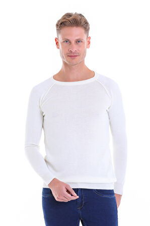 Ekru Regular Fit Desenli V Yaka Yün Triko Kazak | XL