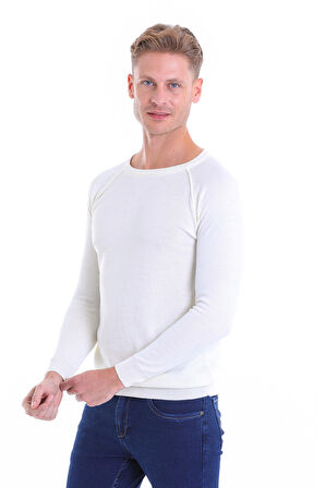 Ekru Regular Fit Desenli V Yaka Yün Triko Kazak | XL