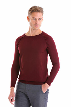 Bordo Regular Fit Düz Bisiklet Yaka Yün Triko Kazak | M