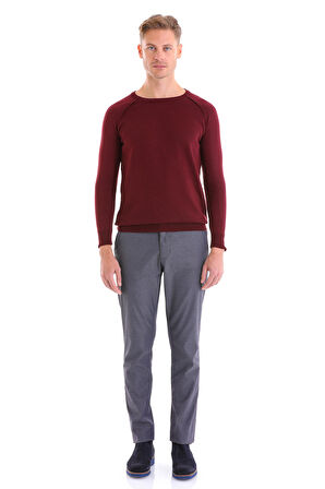 Bordo Regular Fit Düz Bisiklet Yaka Yün Triko Kazak | M