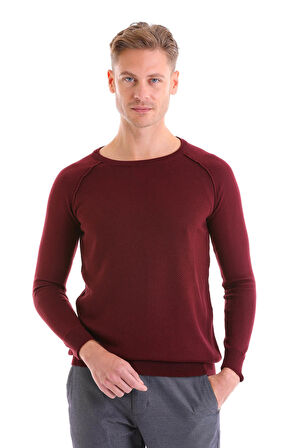 Bordo Regular Fit Düz Bisiklet Yaka Yün Triko Kazak | XL