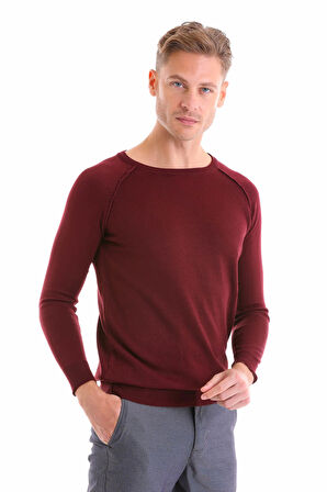 Bordo Regular Fit Düz Bisiklet Yaka Yün Triko Kazak | XL