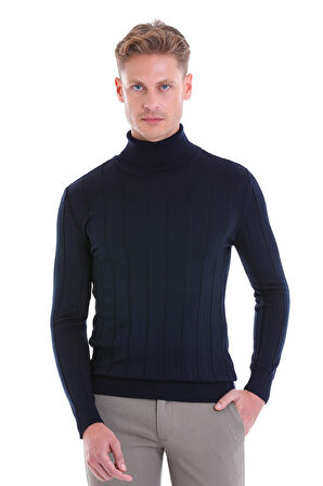 Lacivert Regular Fit Desenli Balıkçı Yaka Yün Triko Kazak | 3XL