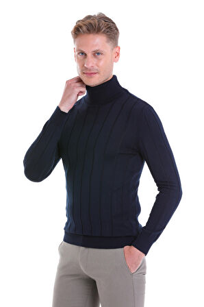 Lacivert Regular Fit Desenli Balıkçı Yaka Yün Triko Kazak | M