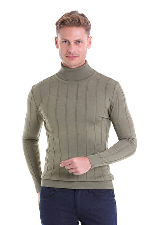 Yeşil Regular Fit Desenli Balıkçı Yaka Yün Triko Kazak | L
