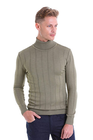 Yeşil Regular Fit Desenli Balıkçı Yaka Yün Triko Kazak | L