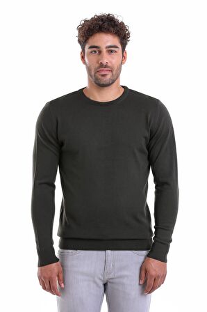 Erkek Haki Regular Fit Yünlü Düz Bisiklet Yaka Triko Kazak | L
