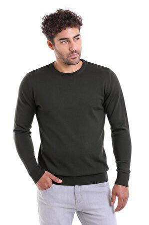 Erkek Haki Regular Fit Yünlü Düz Bisiklet Yaka Triko Kazak | L