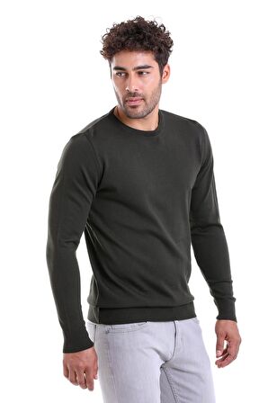 Erkek Haki Regular Fit Yünlü Düz Bisiklet Yaka Triko Kazak | L