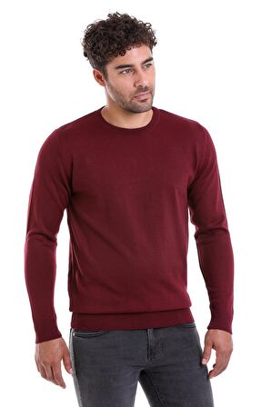 Erkek Bordo Regular Fit Yünlü Düz Bisiklet Yaka Triko Kazak | M