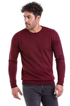 Erkek Bordo Regular Fit Yünlü Düz Bisiklet Yaka Triko Kazak | M