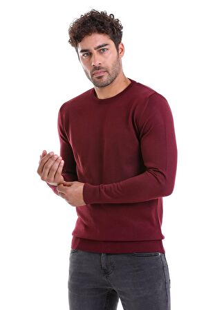 Erkek Bordo Regular Fit Yünlü Düz Bisiklet Yaka Triko Kazak | M