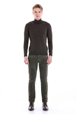 Kahverengi Regular Fit Düz Balıkçı Yaka Yün Triko Kazak | S