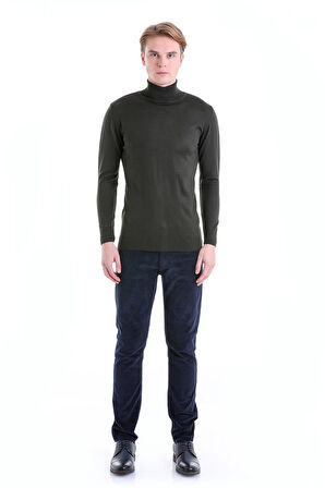 Haki Regular Fit Düz Balıkçı Yaka Yün Triko Kazak | M