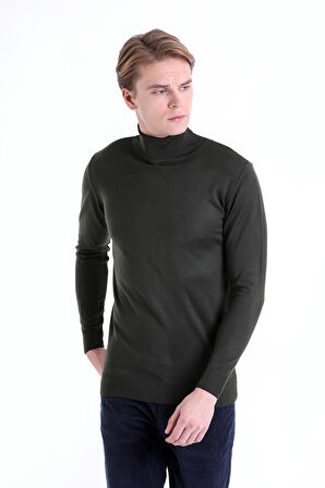 Haki Regular Fit Düz Balıkçı Yaka Yün Triko Kazak | S