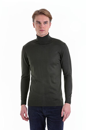 Haki Regular Fit Düz Balıkçı Yaka Yün Triko Kazak | S