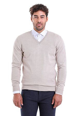 Erkek Bej Regular Fit Yünlü Düz V  Yaka Triko Kazak | M