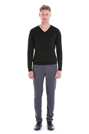 Siyah Regular Fit Yünlü Düz V Yaka Triko Kazak | XXL