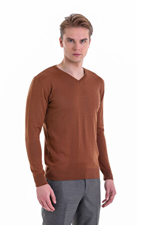 Kahverengi Regular Fit Düz V Yaka Yün Triko Kazak | XL
