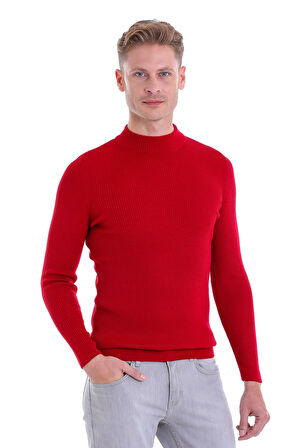 Kırmızı Regular Fit Düz Balıkçı Yaka Klasik Yün Triko Kazak | S
