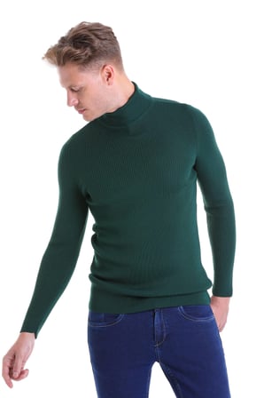 Yeşil Regular Fit Düz Balıkçı Yaka Klasik Yün Triko Kazak | XL