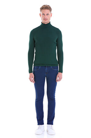 Yeşil Regular Fit Düz Balıkçı Yaka Klasik Yün Triko Kazak | XXL