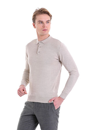 Bej Regular Fit Düz Polo Yaka Yün Triko Kazak | S