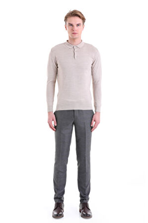 Bej Regular Fit Düz Polo Yaka Yün Triko Kazak | S
