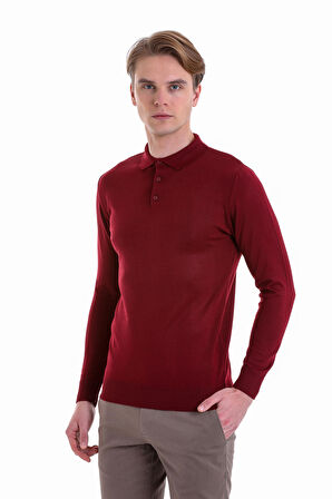 Bordo Regular Fit Düz Polo Yaka Yün Triko Kazak | S