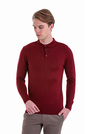 Bordo Regular Fit Düz Polo Yaka Yün Triko Kazak | S