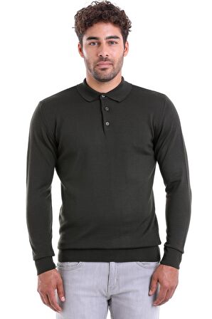 Erkek Haki Regular Fit Yünlü Desenli Polo Yaka Triko Kazak | S