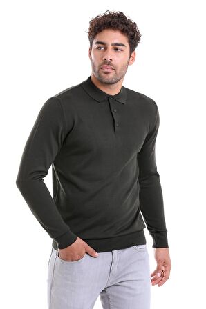 Erkek Haki Regular Fit Yünlü Desenli Polo Yaka Triko Kazak | S