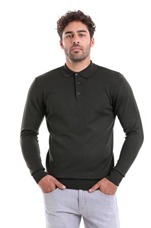 Erkek Haki Regular Fit Yünlü Desenli Polo Yaka Triko Kazak | S